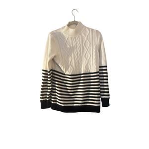 Talbots Cableknit Striped Mockneck Sweater Heavy Knit Nautical Cashmere Cotton